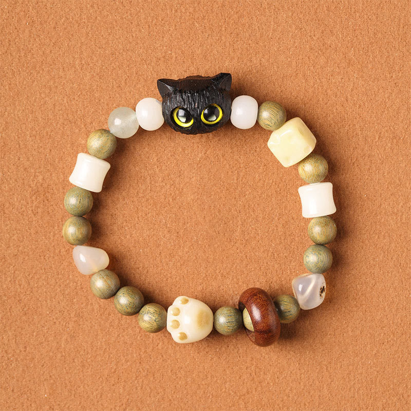 Wear FengShui Bodhi Seed Green Sandalwood Ebony Wood Small Leaf Red Sandalwood Cat Head Paw Claw Peace Bracelet
