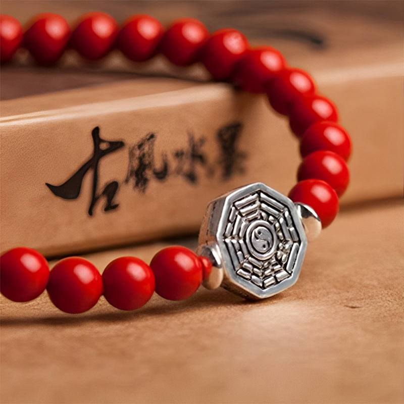 Wear FengShui 925 Sterling Silver Yin Yang Bagua Symbol Cinnabar String Concentration Bracelet