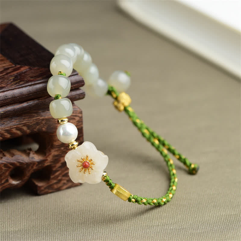 Wear FengShui 925 Sterling Silver Natural Hetian Jade Peach Blossom Luck Bracelet