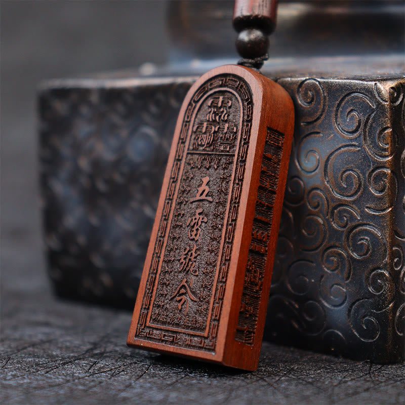 Wear FengShui Lightning Struck Jujube Wood Taoist Five Thunder Order Luck Protection Necklace Pendant