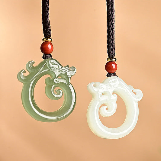 Wear FengShui White Jade Cyan Jade Dragon Protection Necklace String Pendant
