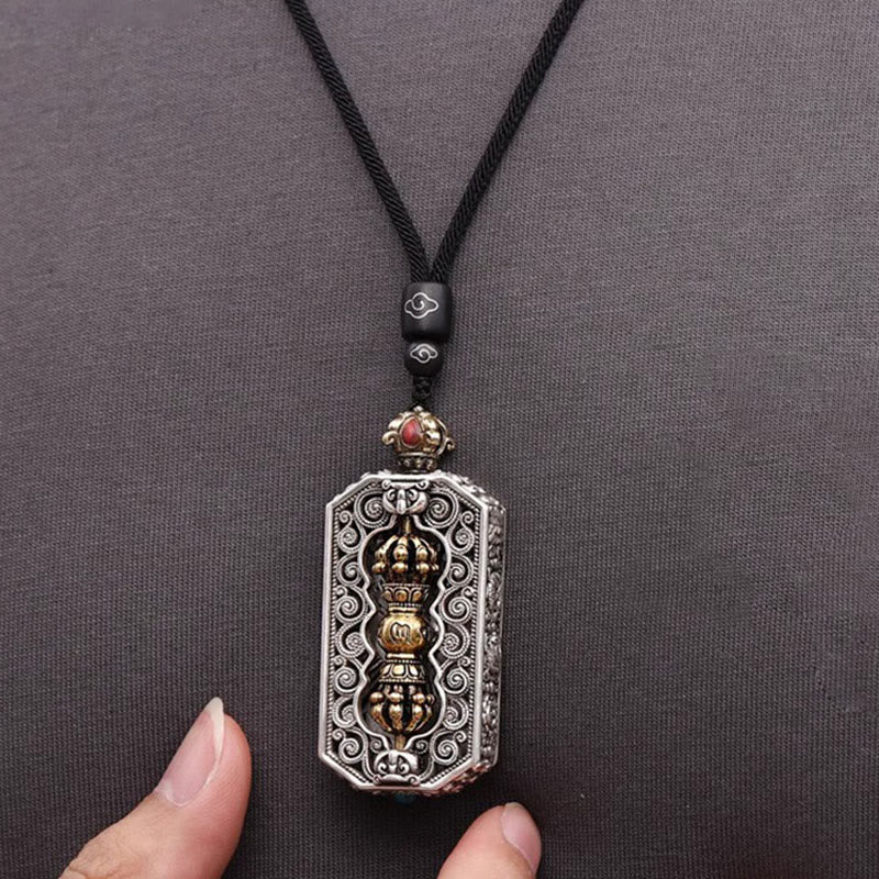 Wear FengShui Tibetan Om Mani Padme Hum Carved Dorje Vajra Rotatable Lotus Pattern Purity Rope Necklace Pendant
