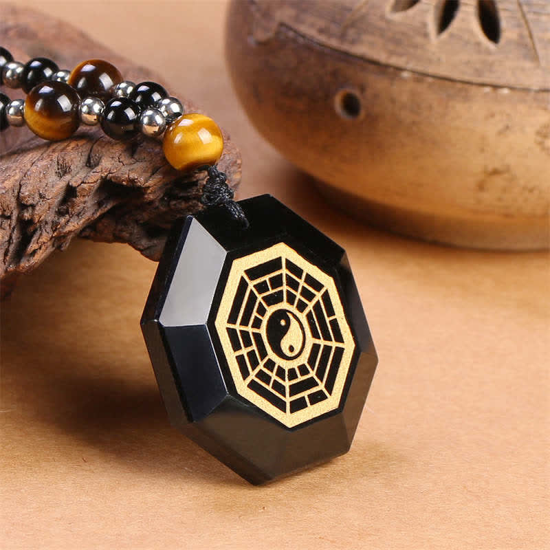 Wear FengShui Bagua Yin Yang Black Obsidian Purification Beaded Necklace Pendant