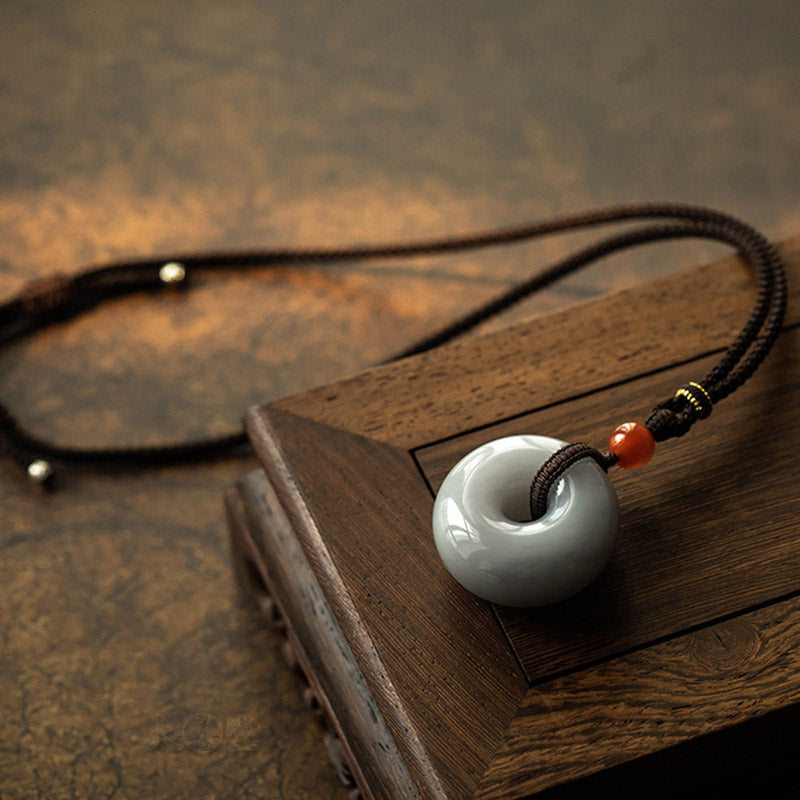 Wear FengShui Natural Round Jade Gray Jade Peace Buckle Luck Necklace Pendant