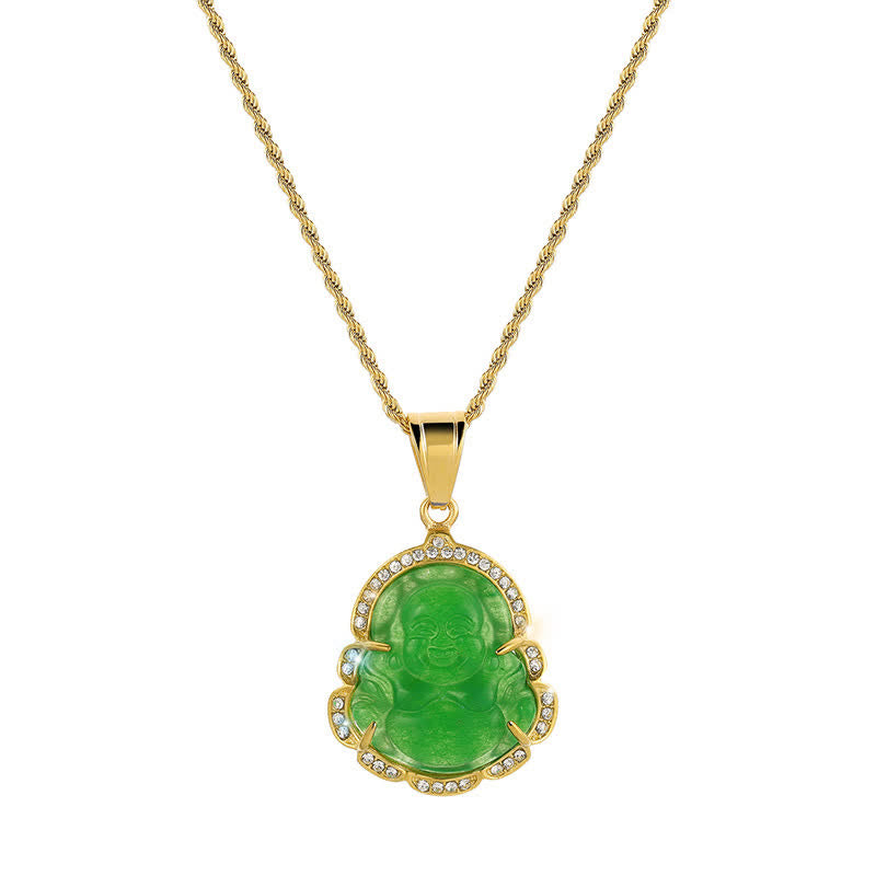 Wear FengShui 18K Gold Filled Laughing Buddha Jade Luck Necklace Chain Pendant