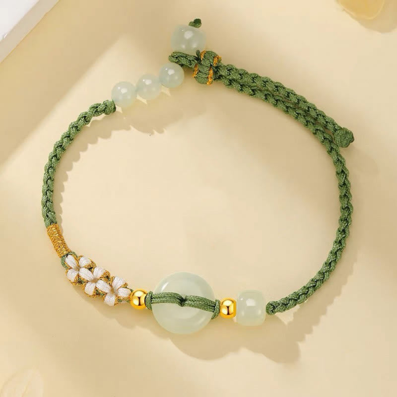 Wear FengShui Hetian Jade Peace Buckle Luck Peach Blossom Braided Bracelet