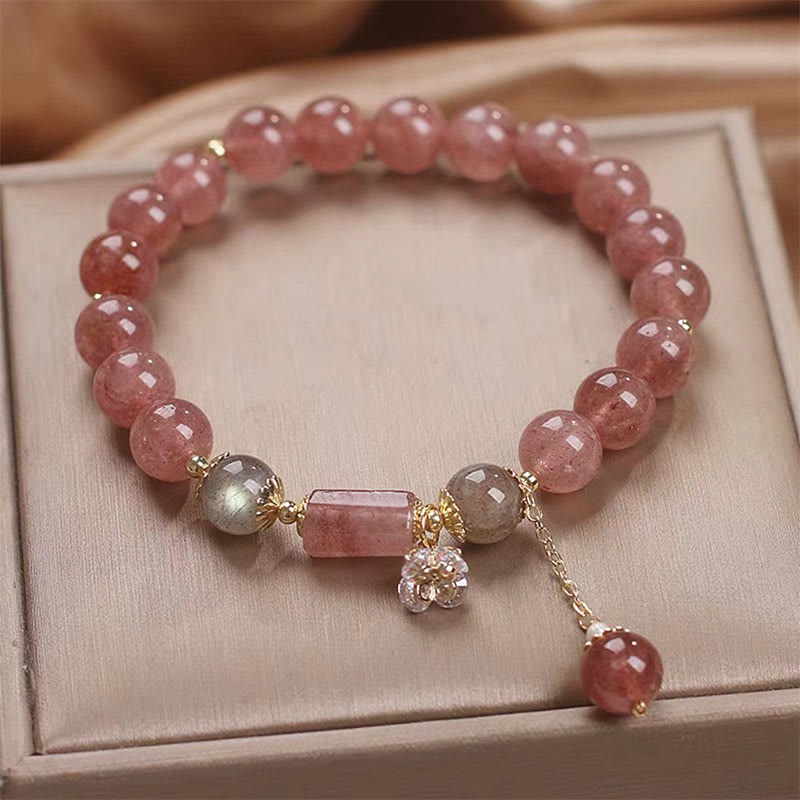 Wear FengShui Natural Strawberry Quartz Zircon Flower Positive Charm Bracelet