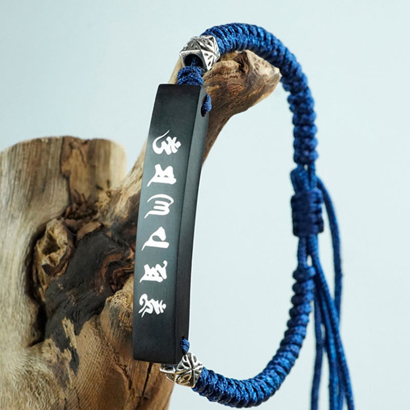 Wear FengShui Buddhism Six True Words Wood Ebony Wood Silver Inlaid Protection Bracelet