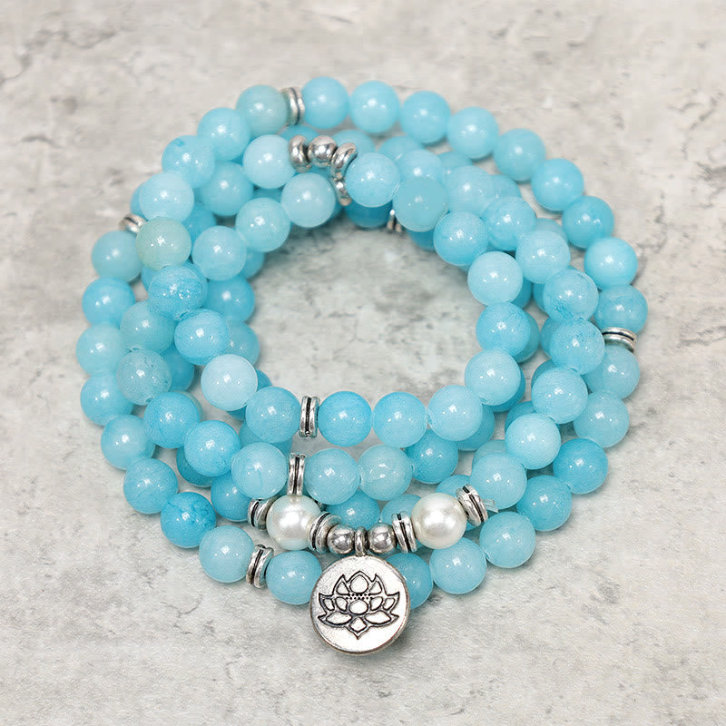 Wear FengShui Natural Amazonite Stone Healing Lotus Mala Bracelet