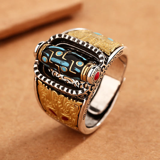 Wear FengShui Tibetan Nine-Eye Dzi Bead Wealth Blessings Rotatable Ring