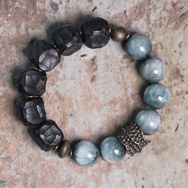 Wear FengShui Eagle's Eye Stone Ebony Wood Copper Confidence Couple Bracelet