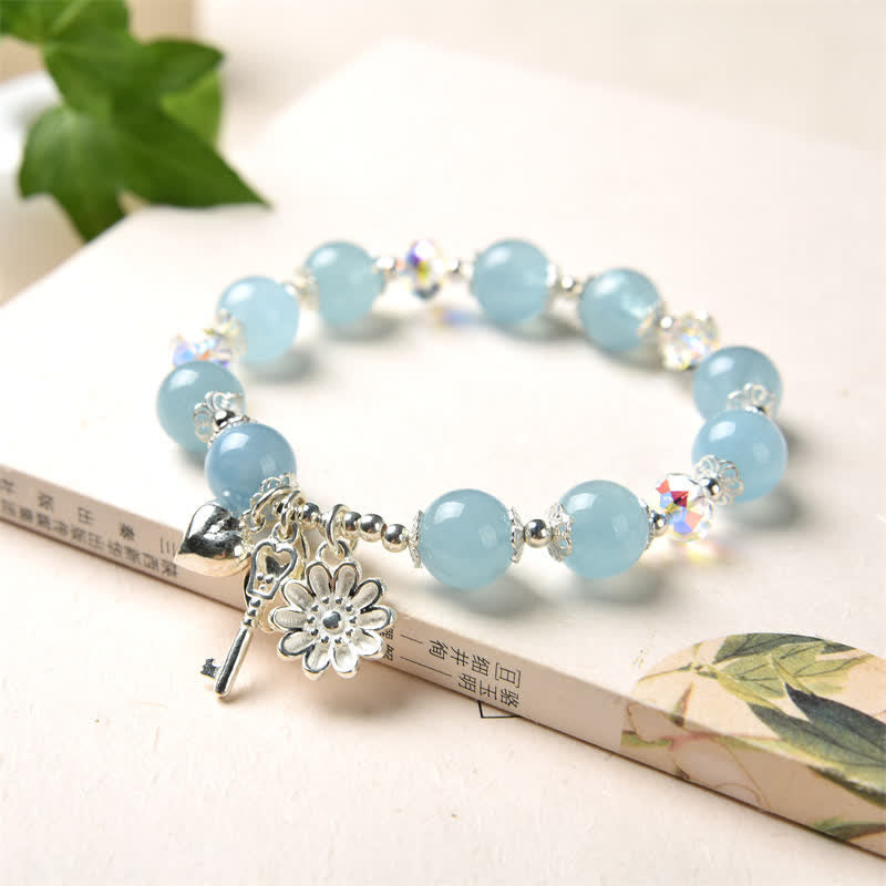Wear FengShui 925 Sterling Silver Natural Aquamarine Serenity Flower Love Key Charm Bracelet