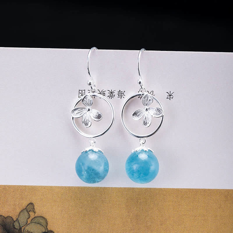 Wear FengShui 925 Sterling Silver Natural Aquamarine Leaf Flower Peace Earrings Necklace