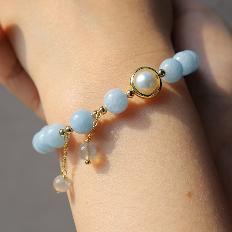 Wear FengShui Aquamarine Pearl Healing Moonstone Beads Charm Bracelet