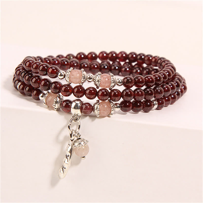 Wear FengShui Natural Garnet Strawberry Quartz Green Beans PiXiu Protection Triple Wrap Bracelet