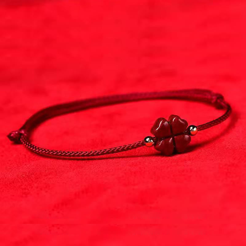 Wear FengShui Natural Cinnabar Four Leaf Clover Blessing Red String Bracelet Anklet