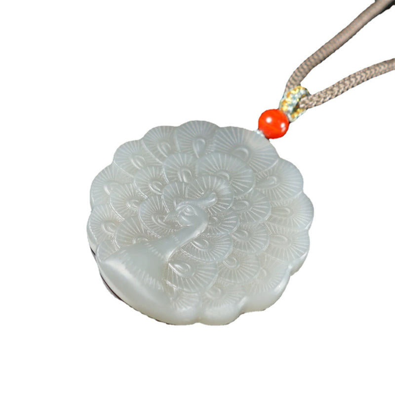 Wear FengShui White Jade Peacock Protection Blessing Necklace Pendant