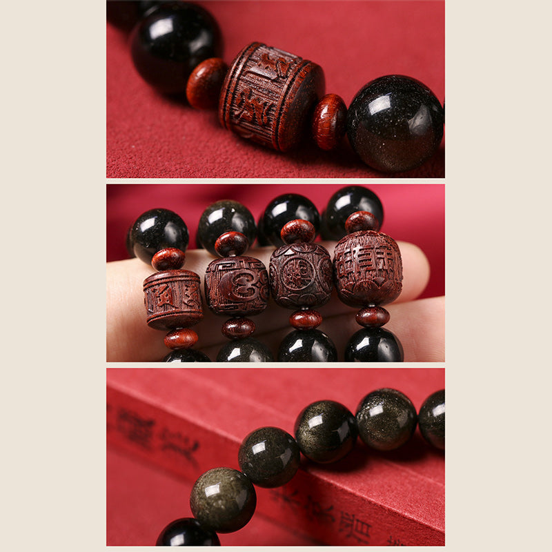 Wear FengShui Natural Gold Sheen Obsidian Rainbow Obsidian Om Mani Padme Hum Fu Character Healing Bracelet
