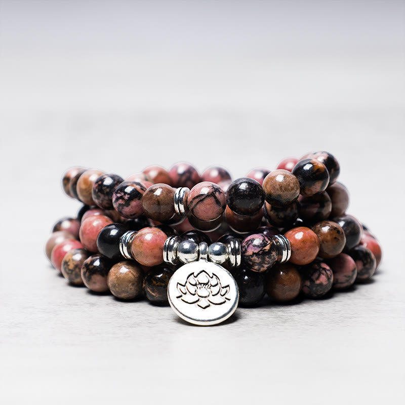 Wear FengShui 108 Mala Beads Rhodonite Lotus Compassion Energy Bracelet