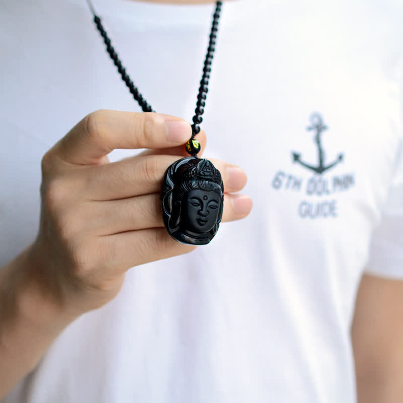 Wear FengShui Natural Black Obsidian Kwan Yin Avalokitesvara Strength String Necklace Pendant