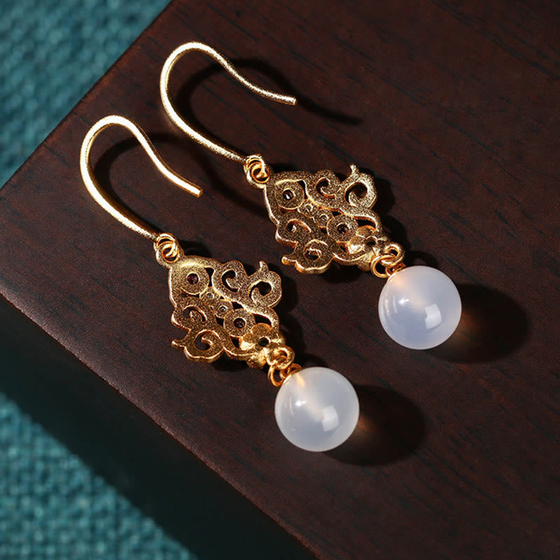 Wear FengShui 24K Gold Plated Round Chalcedony Positive Dangle Drop Earrings