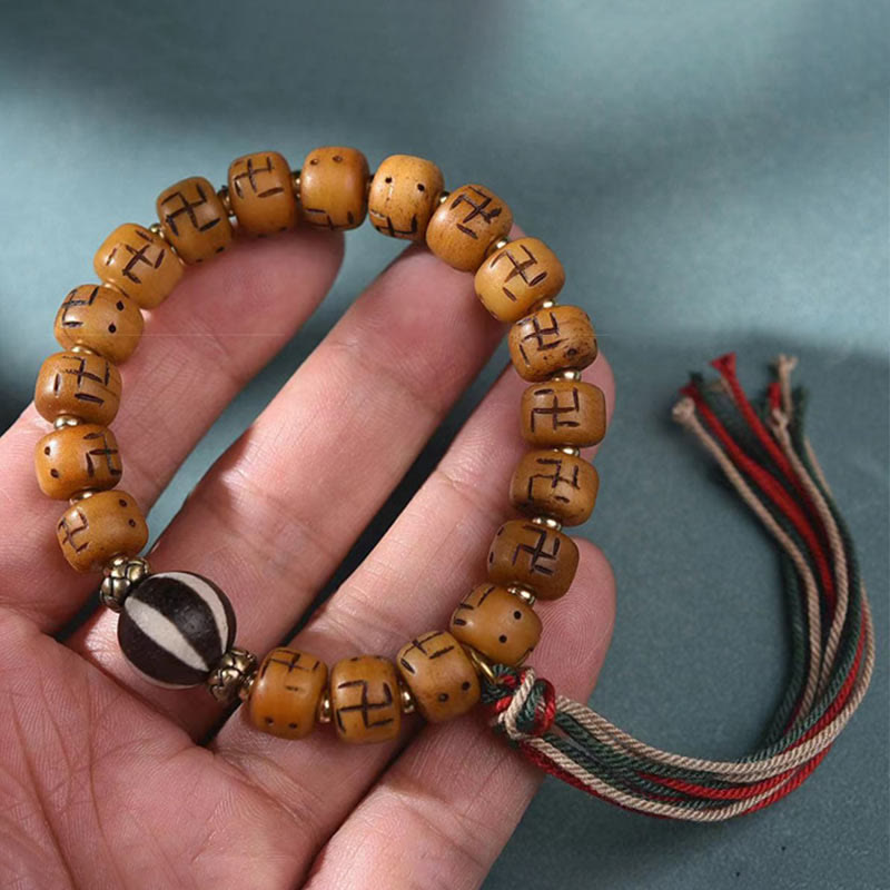 Wear FengShui Natural Tibetan Camel Bone Swastika Dzi Bead Shankha Buddha Charm Kirtimukha Luck Protection Tassel Bracelet