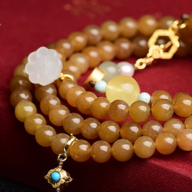Wear FengShui Natural Hetian Topaz Amber Lotus White Jade Pearl Success Bracelet