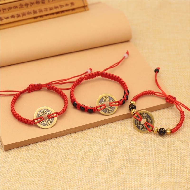 Wear FengShui Copper Coin Fortune Red String Weave Bracelet