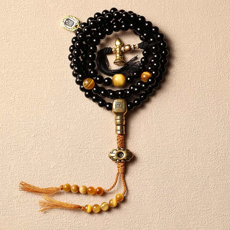 Wear FengShui Tibetan 108 Mala Beads Black Onyx Tiger Eye Beads Nine Palaces Bagua Protection Bracelet