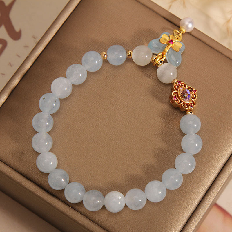 Wear FengShui Aquamarine Cat's Eye Healing Butterfly Pearl Charm Bracelet