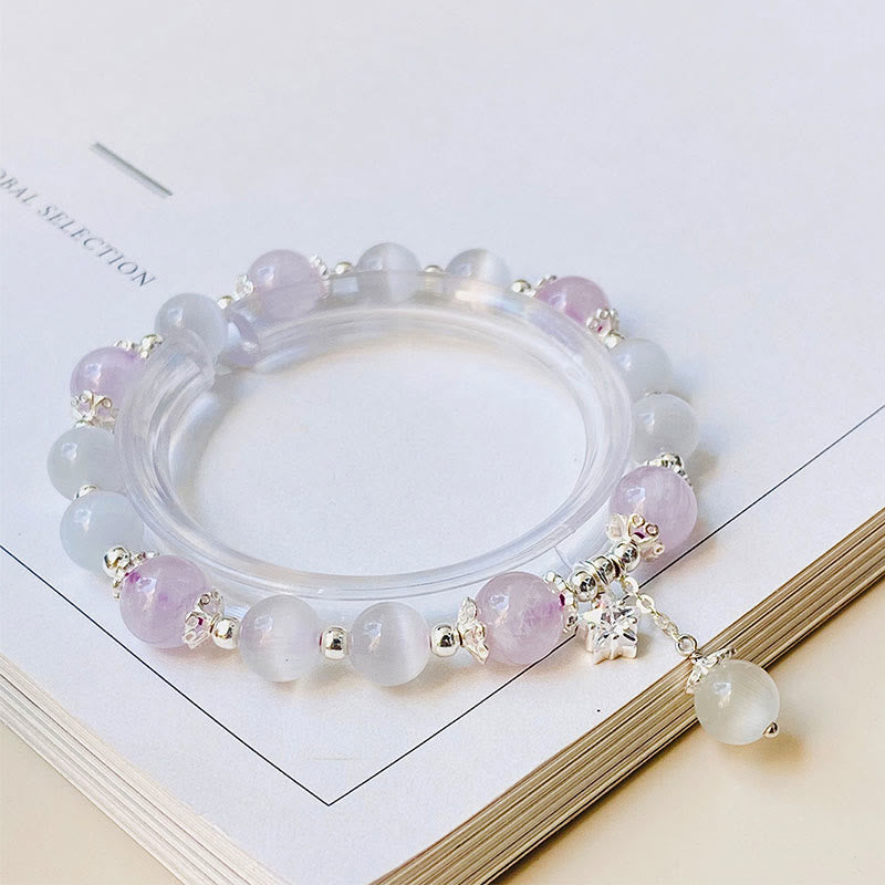 Wear FengShui 925 Sterling Silver Natural Amethyst Cat's Eye Spiritual Awareness Star Bracelet