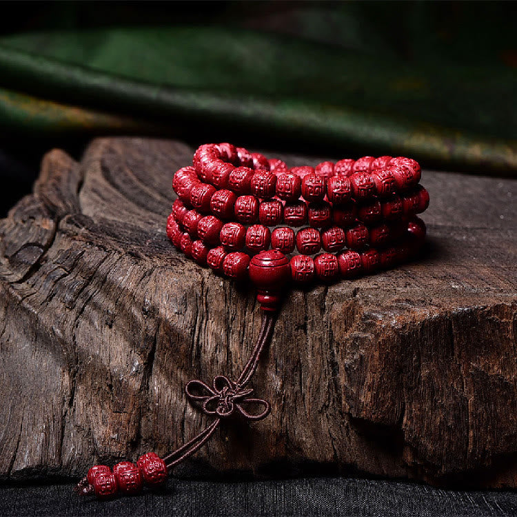 Wear FengShui 108 Mala Beads Cinnabar Om Mani Padme Hum Pattern Engraved Blessing Bracelet