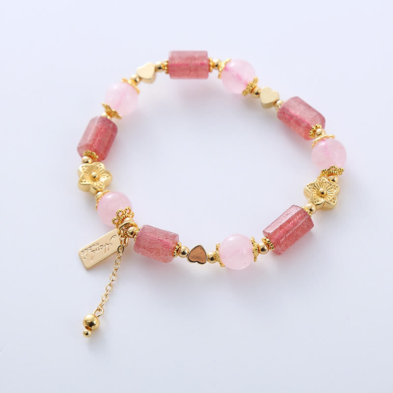 Wear FengShui Strawberry Quartz Pink Crystal Love Heart Flower Positive Bracelet