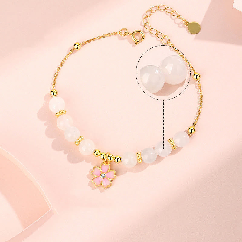 Wear FengShui 925 Sterling Silver Hetian White Jade Cherry Blossom Protection Bracelet