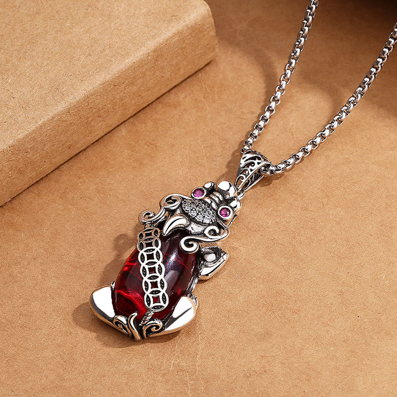 Wear FengShui PiXiu Garnet Copper Coin Wealth Luck Necklace Pendant