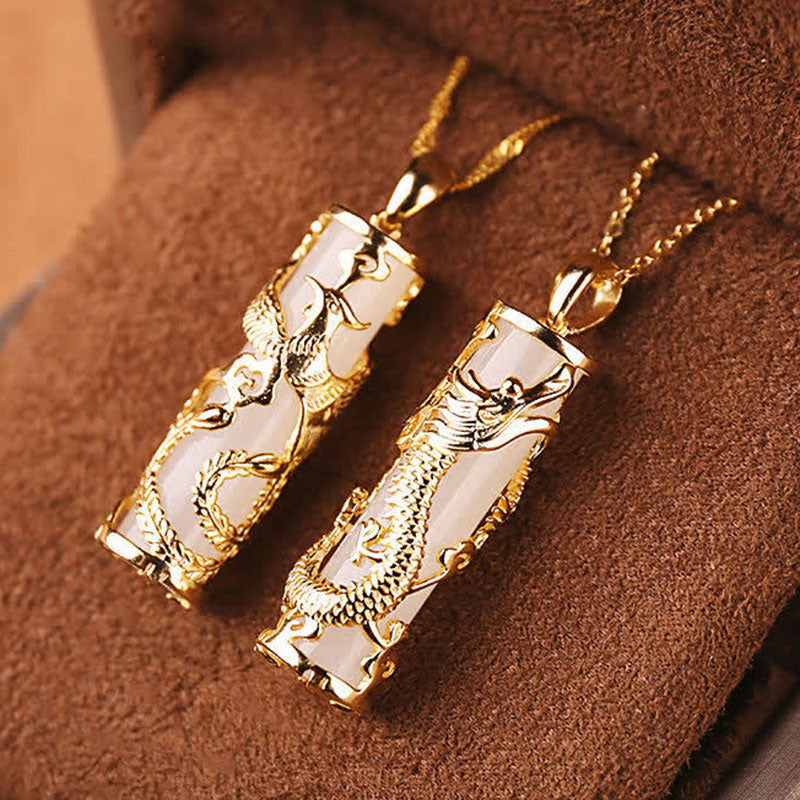 Wear FengShui Jade Dragon Phoenix Copper Blessing Harmony Necklace Pendant