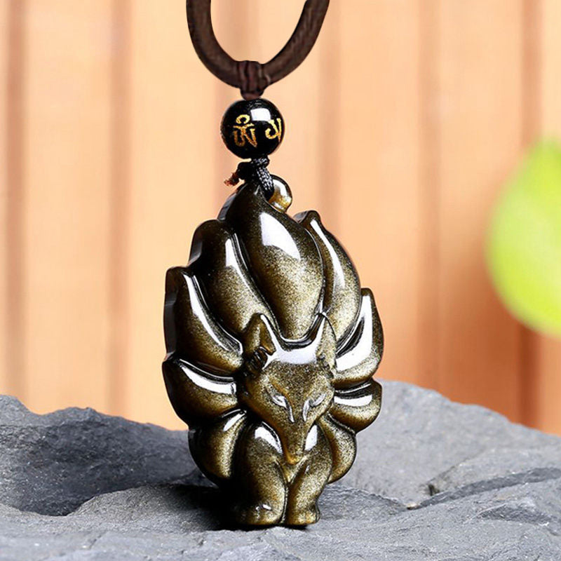 Wear FengShui Natural Rainbow Obsidian Gold Sheen Obsidian Nine Tailed Fox Positive Necklace Pendant