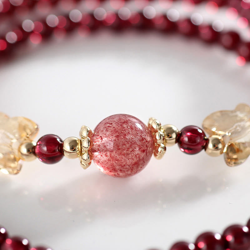 Wear FengShui 14K Gold Plated Natural Garnet Strawberry Quartz Butterfly Protection Double Wrap Bracelet