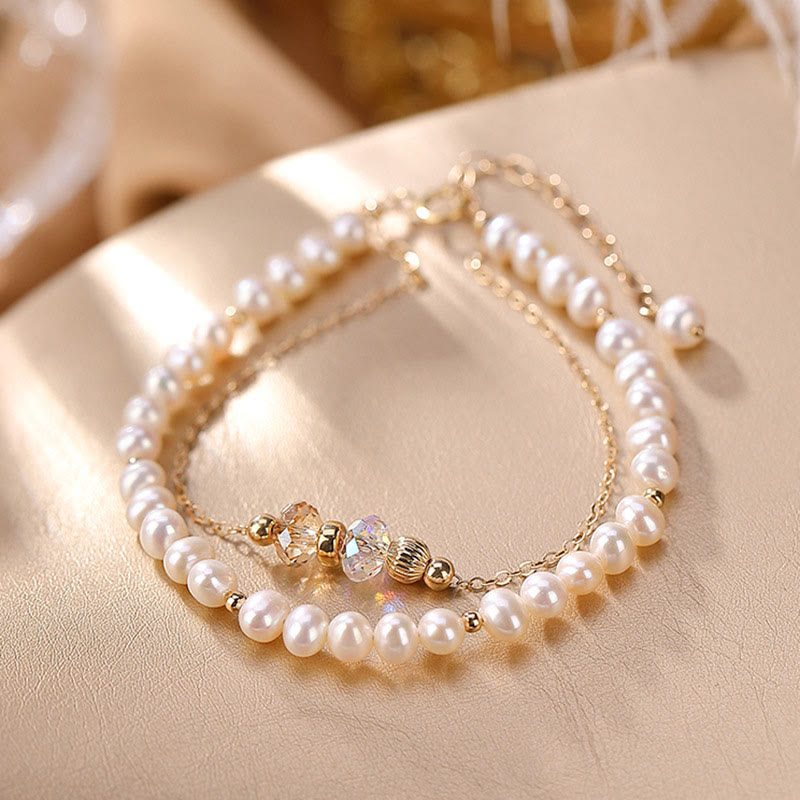 Wear FengShui 925 Sterling Silver Plated 14k Gold Natural Pearl Crystal Healing Double Layer Bracelet