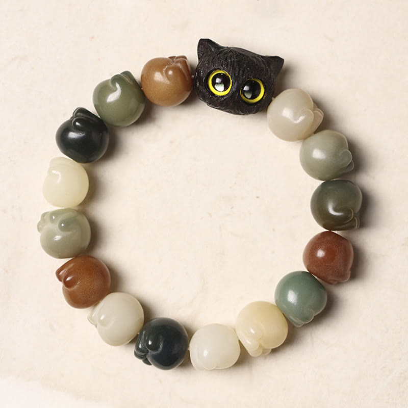 Wear FengShui Natural Bodhi Seed Lovely Paw Ebony Wood Lucky Cat Wisdom Bracelet