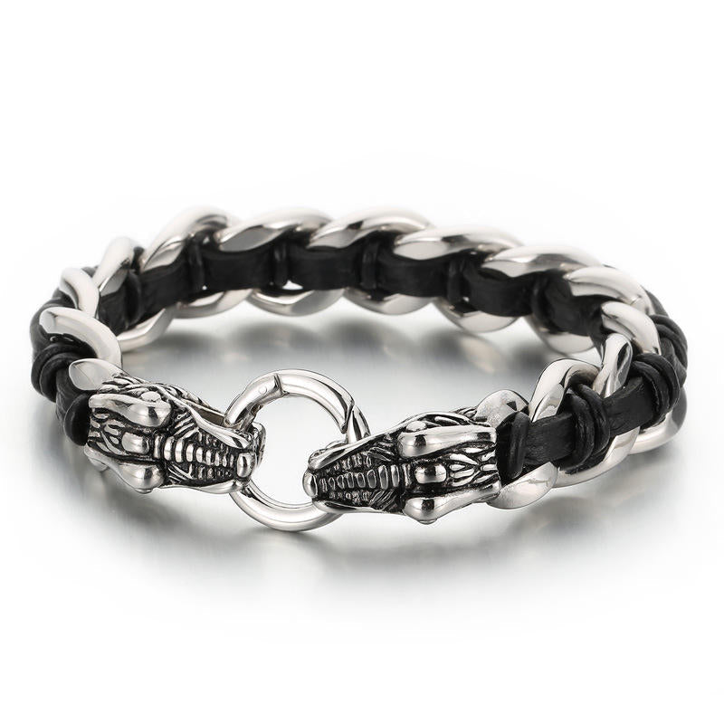 Wear FengShui Dragon Leather Titanium Steel Protection Luck Braided Bracelet