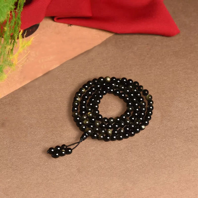 Wear FengShui 108 Mala Beads Natural Gold Sheen Obsidian Wealth Bracelet
