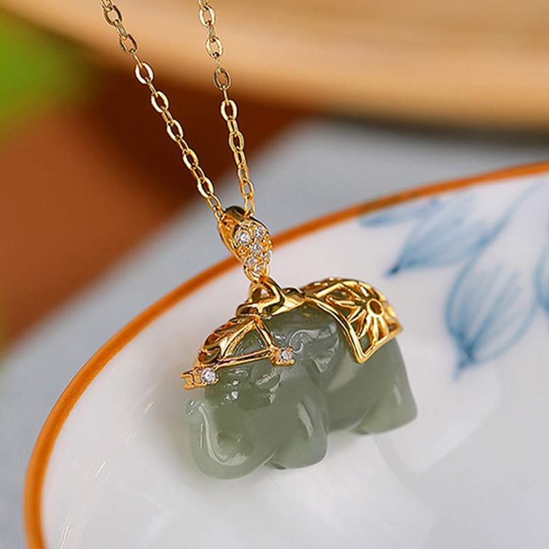 Wear FengShui 925 Sterling Silver Jade Elephant Blessing Fortune Necklace Chain Pendant