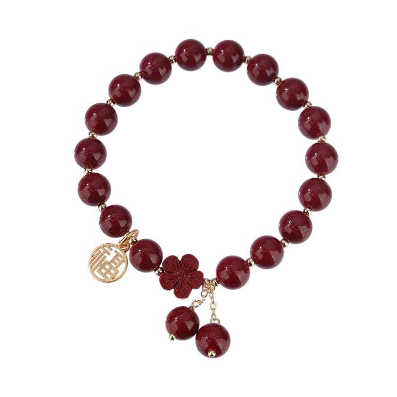Wear FengShui Cinnabar Fu Character Cherry Blossom Blessing Bracelet