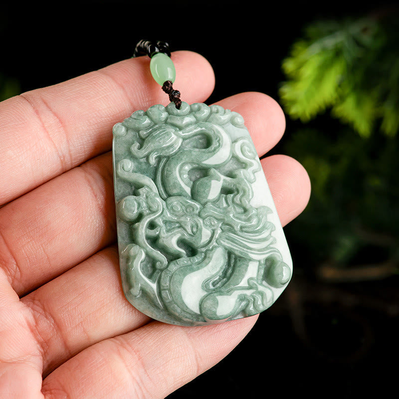 Wear FengShui Year Of The Dragon Chinese Zodiac Dragon Soaring Jade Protection Bead Chain Necklace Pendant