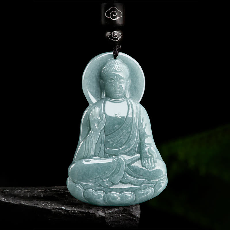 Wear FengShui Amitabha Buddha Natural Jade Lotus Amulet Compassion String Necklace Pendant