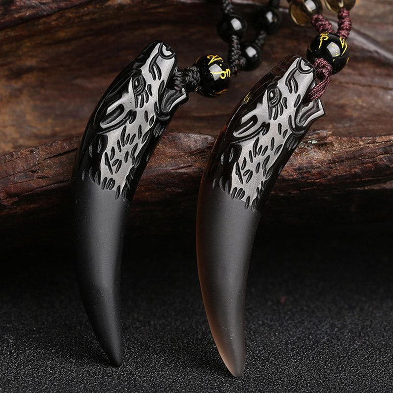 Wear FengShui Natural Ice Obsidian Wolf Tooth Pattern Courage Necklace Pendant