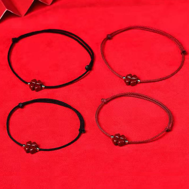 Wear FengShui Natural Cinnabar Four Leaf Clover Blessing Red String Bracelet Anklet