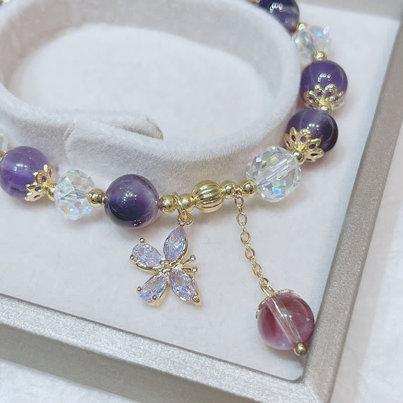 Wear FengShui Natural Amethyst Crystal Spiritual Butterfly Charm Bracelet