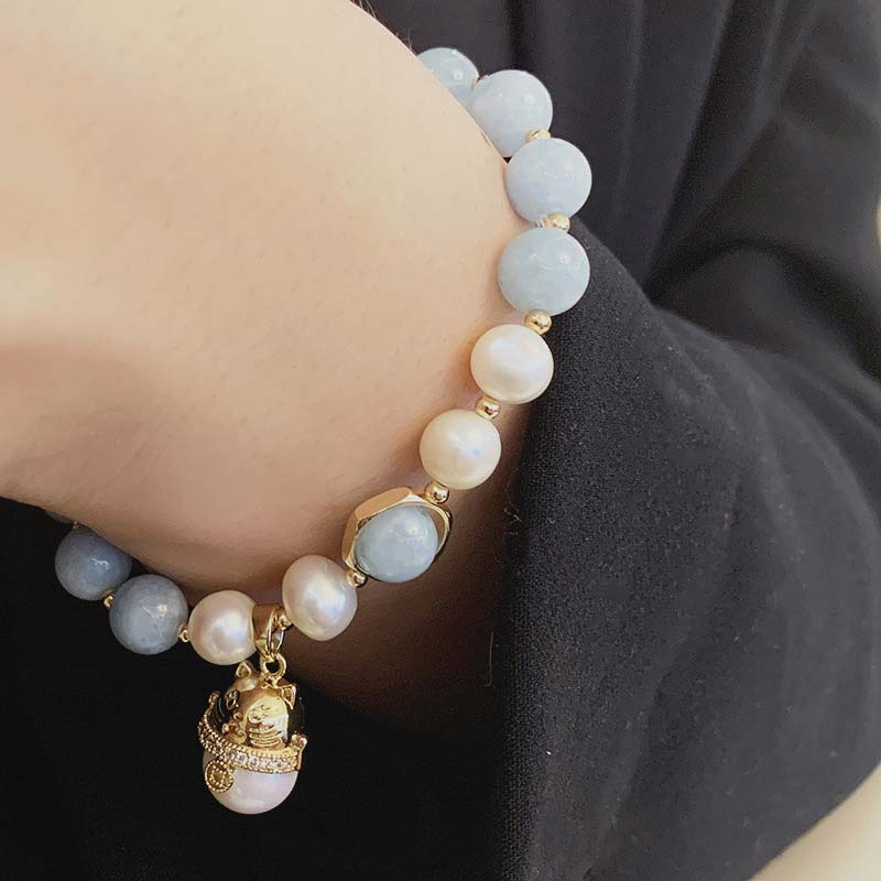 Wear FengShui Aquamarine Pearl Peace Healing Lucky Cat Charm Bracelet